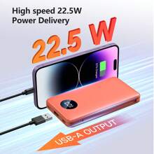 便携式充电器 12000mAh 外置电池组、超薄小型移动电源，内置电缆，22.5W USB C 快速充电 LCD 显示屏离合器充电器，适用于 iPhone Android 手机超级快速充电、LED 电量显示、带 USB 和 Type-C 端口的便携式充电器设备、安全稳定的聚合物锂电池，适合户外玩耍、购物、旅行、适用于 Apple iPhone、iPad、Android 手机的便携式电源、送给家人、朋友、生日、圣诞节、冬季、新年的礼物 - 橘色 - 查看 4