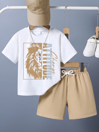 Young Boy Letter Print Short Sleeve T-Shirt And Shorts Summer Outfit Set
