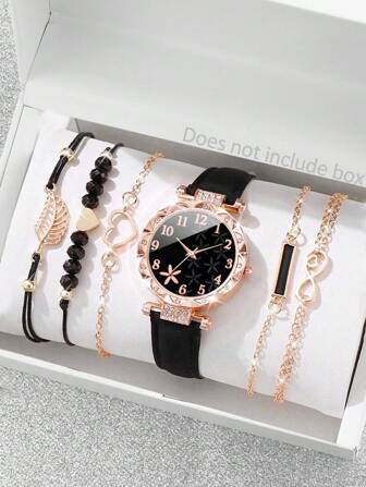 1 set lediga söta flickor kvartsklocka med urtavla med strass blommor + 6 st blad & hjärta smyckesset