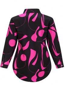 Plus Size Women's Digital Print Elegant Blouse, Suitable For Spring (Valentine's Day) - Hot Pink - View 2