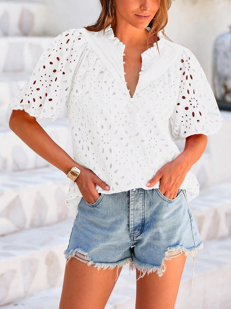 Women's Casual Summer V Neck Puff Short Sleeve Hollow Out Eyelet Embroidery Button Spring Fashion Beach Vacation Holiday Dressy Boho Shirt Blouse Top Outfits