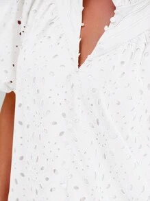 Women's Casual Summer V Neck Puff Short Sleeve Hollow Out Eyelet Embroidery Button Spring Fashion Beach Vacation Holiday Dressy Boho Shirt Blouse Top Outfits - White - View 5