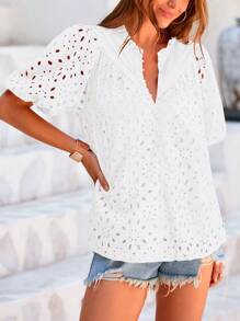 Women's Casual Summer V Neck Puff Short Sleeve Hollow Out Eyelet Embroidery Button Spring Fashion Beach Vacation Holiday Dressy Boho Shirt Blouse Top Outfits - White - View 4