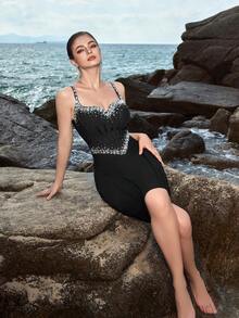 ADYCE Rhinestone Beaded Backless High Waist Party Cocktail Dress - Black - View 8