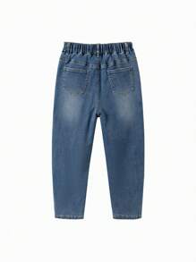 Tween 女童保暖内衬锥形牛仔裤，舒适 2024 年冬季系列 - 牛仔中藍 - 查看 2