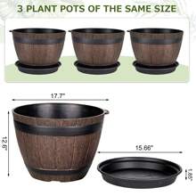 VECELO Plant Pots With Drainage Holes & Saucer, 15/18 Inch Flower Pots With Tray, 3 Pack Plastic Whiskey Barrel Planters For Indoor & Outdoor Garden Home Plants And Flowers - Brown - View 10