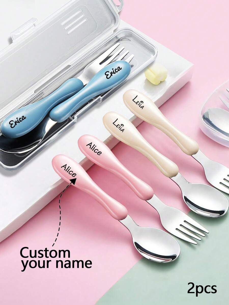 2pcs Personalized 304 Stainless Steel Cutlery Set, Customized Name Spoon, Fork, Knife, Cute Bear Pattern Toddler Utensils