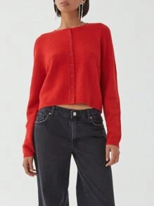 Women's Solid Color Cardigan Long Sleeve Round Neck Button Down Sweater Knit Tops - Red - View 5
