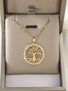 生命之树大圆吊坠项链，铜质吊坠，不锈钢链，镶嵌立方氧化锆，寓意吉祥，是理想的奢华派对/婚礼项链，也是友谊礼物和女士珠宝。 - 金黃色 - 查看 2