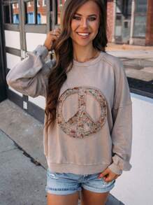 Fashion Geometry Pattern Pattern Drop-Shoulder Long-Sleeve Top Women Casual Loose Pullover Sweatershirt Women