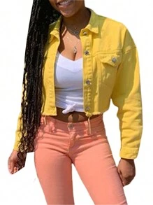Abrigo corto de mezclilla para mujer, chaqueta de manga larga con solapa, color liso, con botones y bajo desgastado. - Amarillo - Ver 2
