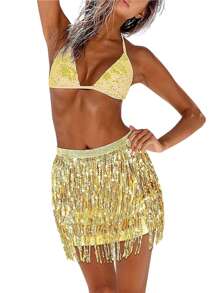 Women Sequined Fringe Skirt, Glitters Elastic Waist Miniskirt, Mini Skirt For Dance, Rave Party, Black/Silver/Gold/Red