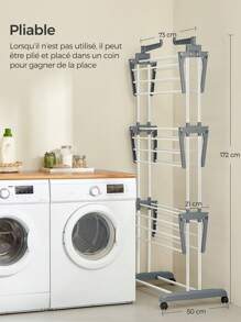 SONGMICS Étendoir à Linge, Séchoir Mobile à 4 Niveaux, avec roulettes, Pliable, 63,5 x 128 x 173 cm, Grande Capacité, Montage Facile, Utilisation Intérieure et Extérieure, Blanc - Argent - Voir 4