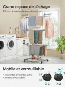 SONGMICS Étendoir à Linge, Séchoir Mobile à 4 Niveaux, avec roulettes, Pliable, 63,5 x 128 x 173 cm, Grande Capacité, Montage Facile, Utilisation Intérieure et Extérieure, Blanc - Argent - Voir 5