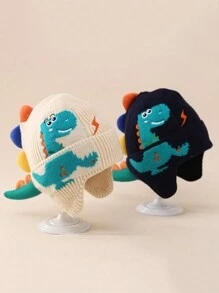 1pc Cute Dinosaur Print Winter Earflap Hat, Warm And Windproof For Boys Aged 2-8 Years
