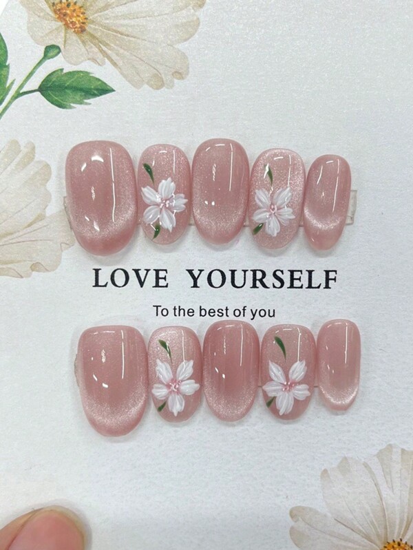 10 piezas de uñas postizas ovaladas cortas con estampado de flores de ojo de gato rosa: uñas falsas de ojo de gato rosa - lindas, suaves y translúcidas de color rosa, limpias, brillantes, con flores pintadas a mano, hermosas y largas, adecuadas para uso diario de mujeres y niñas, pegatinas de uñas falsas de moda, uñas postizas de cobertura completa