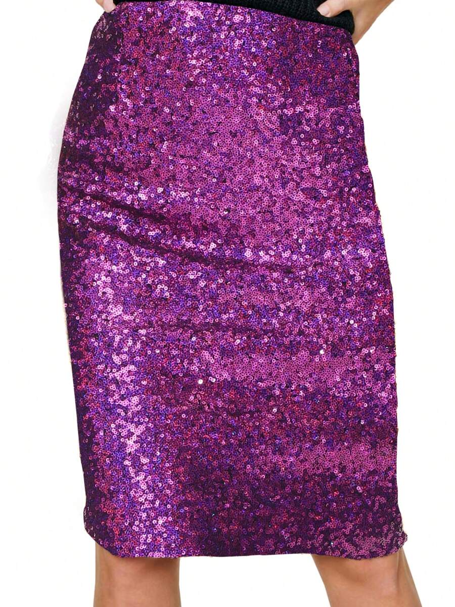 Women's High Waist Sparkly Sequins Midi Skirt Pencil Cocktail Party Skirt - Màu tím - Xem 1