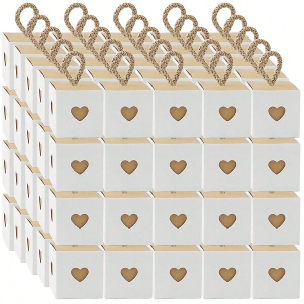 50 pezzi Scatole regalo quadrate bianche e marroni con corda marrone da 5,5x5,5 cm, a forma di cuore, per il giorno di San Valentino, semplici scatole di confezione per feste, forniture