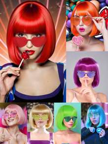Perruque Bob aux couleurs pastel vibrantes, assortie avec des lunettes de soleil en forme de cœur colorées et sans cadre pour femmes. À porter au quotidien, pour la Saint-Patrick, Halloween, la Saint-Valentin ou des fêtes costumées. Cheveux courts et droits