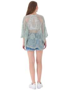 Womens Long Embroidered Lace Kimono Cardigan With Half Sleeves - 綠色 - 查看 2