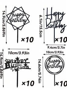 10 件万圣节黑色生日快乐蛋糕装饰、金色镜面蛋糕装饰、生日派对亚克力蛋糕签、派对用品 - Happy Birthday黑色 - 查看 3