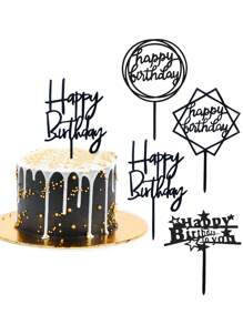 10 件万圣节黑色生日快乐蛋糕装饰、金色镜面蛋糕装饰、生日派对亚克力蛋糕签、派对用品 - Happy Birthday黑色 - 查看 1