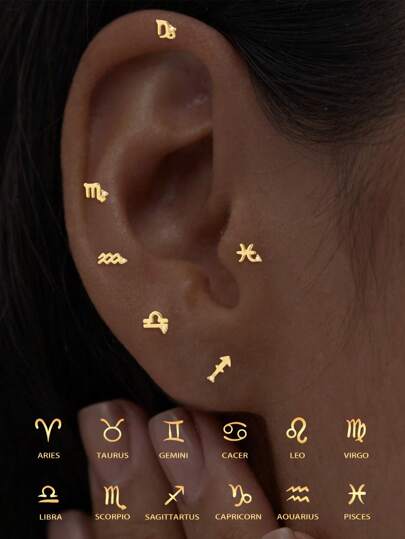 S925 Sterling Silber einzelner Ohrstecker mit 14 Karat vergoldeter Zirkonia, flacher Boden mit Geburtsmonaten, winzige astrologische Sternzeichen-Ohrstecker für Frauen und Teenager als Geburtstagsgeschenk