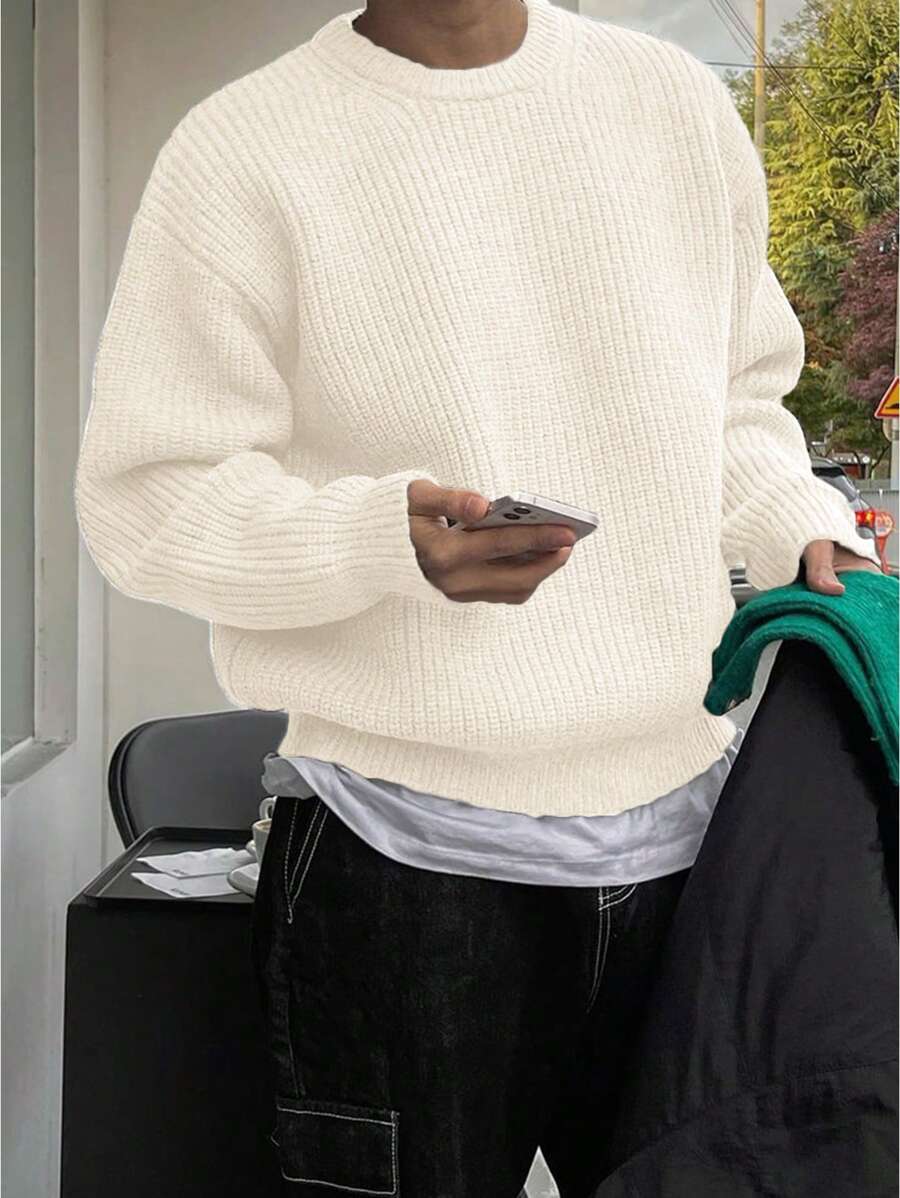 Lightweight, Warm Knit Pullover Sweater, Loose Fit, Polyester Fabric, Casual, Collegiate Style, Unisex Design, Long Sleeve, Drop Shoulder, Minimalist Crew Neck, Suitable For Autumn And Winter - Apricot - View 1