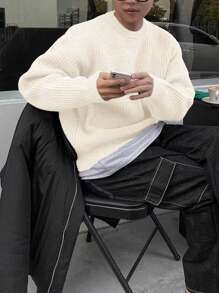 Lightweight, Warm Knit Pullover Sweater, Loose Fit, Polyester Fabric, Casual, Collegiate Style, Unisex Design, Long Sleeve, Drop Shoulder, Minimalist Crew Neck, Suitable For Autumn And Winter - Apricot - View 2