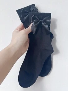 1 双女士可爱多层袜子带蝴蝶结装饰，甜美可爱的淡黄色/白色/黑色多层袜子，适合日常穿着，日本校服风格，可拆卸蝴蝶结夹 - 黑色 - 查看 3