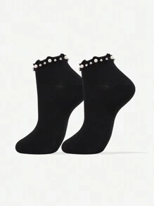 1 par/5 pares/6 pares Calcetines de tobillo con estampado de perlas para mujer, calcetines casuales de algodón cálidos, suaves y transpirables, adecuados para diario, hogar, oficina, escuela, deporte, decorados con lindos patrones de estrellas, lunas y corazones, apropiados para primavera/verano