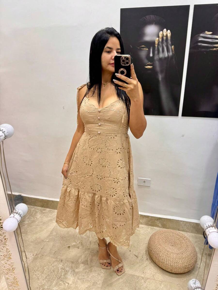 MIDI DRESS WITH TIES ON THE STRAPS IN LAISE - Khaki - View 1