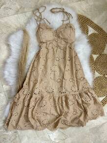 MIDI DRESS WITH TIES ON THE STRAPS IN LAISE - Khaki - View 2