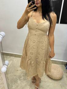 MIDI DRESS WITH TIES ON THE STRAPS IN LAISE - Khaki - View 3
