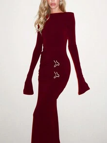Primavera/Verão Nova Moda Gola Redonda Plissado Manga Longa Metal Acessório Cintura Vestido Para Mulheres - Vermelho - Ver 4