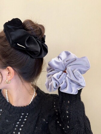 优雅法式奶油白缎面超大号发圈，淑女纯色发绳