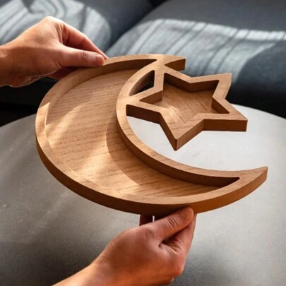 1pc Wooden Star & Moon Tray, Creative Crescent Moon & Star Shaped Food Serving Platter, Kitchen & Dining Table Decor Gift