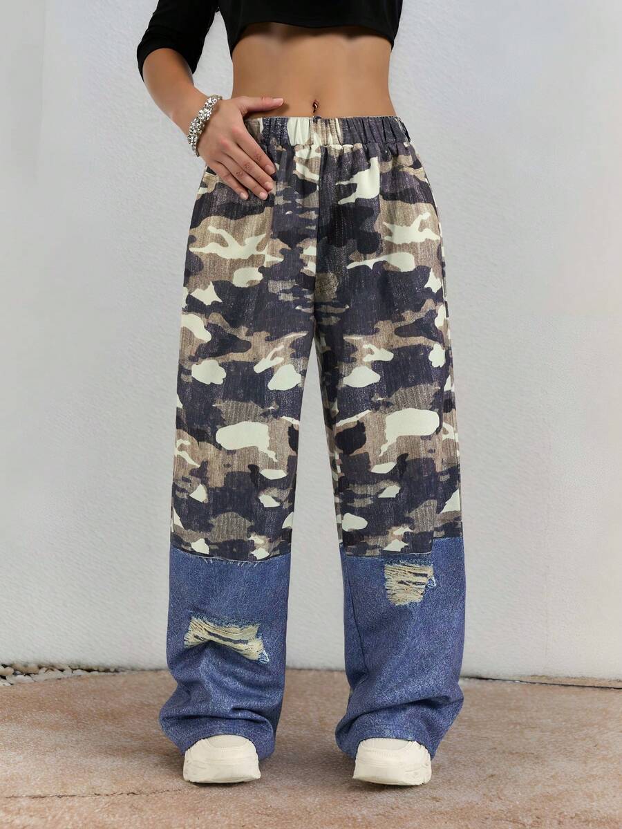 新款女式迷彩阔腿裤，街头潮流牛仔效果破洞宽松长裤，Y2K 拼布长裤