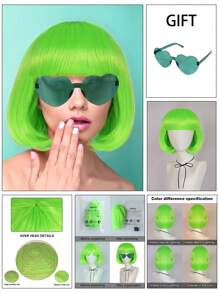 Perruque Bob aux couleurs pastel vibrantes, assortie avec des lunettes de soleil en forme de cœur colorées et sans cadre pour femmes. À porter au quotidien, pour la Saint-Patrick, Halloween, la Saint-Valentin ou des fêtes costumées. Cheveux courts et droits