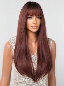 Black Long Straight Wigs For Women, Natural Black Synthetic Wigs With Bangs, Elegant Beautiful Natural Looking Heat Resistant Synthetic Wig Daily Party Use - 酒紅色 - 查看 4