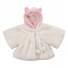 Abrigo de piel sintética para niña, con lazo y botones de perla, con capucha y orejas de conejo, chaqueta gruesa y cálida - Blanco - Ver 4