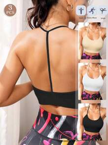 3pcs Strappy Seamless Elastic Racerback Women Bra, Comfortable Underwear For Outside Wear - 彩色 - 查看 1