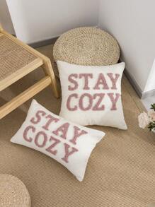 1pc/2pcs "STAYCOZY" Letter Phrase Pillow Cover, Double-Sided Chenille Fabric, Nordic Style Flocked Embroidery, Suitable For Bedroom, Living Room, Outdoor Garden, Holiday Party Decoration, Without Pillow Insert, 30*50cm, 45*45cm