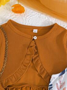 Conjunto de 2 piezas para niña de primavera/otoño, compuesto por una chaqueta con decoración de volantes emparejada con un elegante vestido sin mangas con estampado de mariposas, de diseño de moda - Marrón - Ver 4