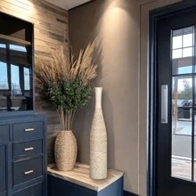 1pc Nordic Modern Minimalist White Floor Vase, Elegant Pampas Grass Floor Vase, Boho Tall Striped Decorative Bottle, Suitable For Living Room, Office, Entryway, Fireplace, Doorway Decor, Multi-Functional Decorative Flower Vase, Large Home Decor, Christmas Gift, Holiday & Birthday Gift Room Decor Glass Vase