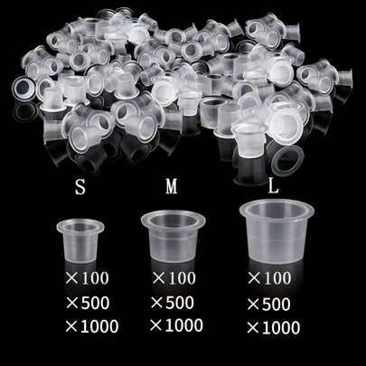 100/1000 Miếng S/M/L Hình xăm dùng một lần không có đế, cốc mực, bột màu nhựa, giá đỡ trong suốt, nắp hộp đựng, hình xăm trang điểm vĩnh viễn Cung cấp lớp phủ vi mô