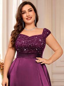 Plus Size Sequin Lace Satin Patchwork Split Hem Evening Dress, Suitable For Valentine's Day, Summer, Wedding Guest, Graduation Dance, Birthday, Gala, Commencement Ceremony And Other Occasions - Maroon - View 8