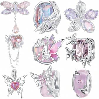 WOSTU 1 st 925 Sterling Silver Vacker och elegant trollslända och fjäril, rosa hjärta och blomsterberlock Pärlor Hängsmycke Fit Girl & Women DIY Armband Halsband Fashionabla smycken Göra presenter