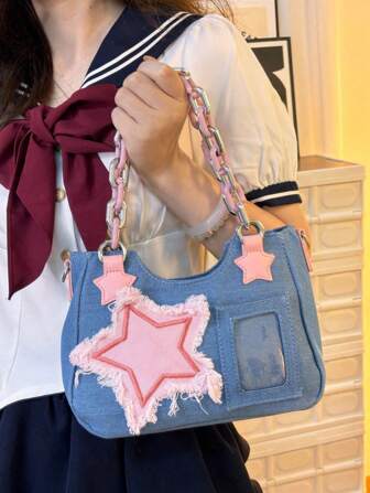 轻便、商务休闲 Y2K 牛仔单肩斜挎包，配有装饰性手带和链条肩带，适合青少年女孩、女大学生、新秀和白领人士，适合办公室、大学、工作、商务、通勤、户外、旅行、郊游，非常适合音乐节，女士复古牛仔钱包