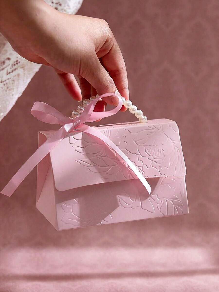 20pcs/10pcs-Faux Pearl Decor Gift Box, Simple Wrapping Bag For Party,Pearl Handle Decor Paper Gift Box,Exquisite Pink Gift Packaging Box For Valentine's Day Wedding Gift Box,Festival Gift Box,Letterpress Printing Flower Candy Box Mini Packaging Bags Paper Box For Gift Set Box Small Gift Bags Wedding Favors Party Decor,Valentine's Day Decorations, Valentine's Day Gift Box - Pink - View 1
